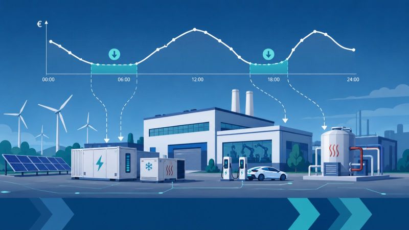 Das gemalte Bild zeigt ein Fabrikgebäude mit unter anderem Windrädern, Solarpanelen, einem Auto, Ladesäulen etc. Darüber ist eine Graph zu sehen, der den Strompreis im Tagesverlauf zeigt.