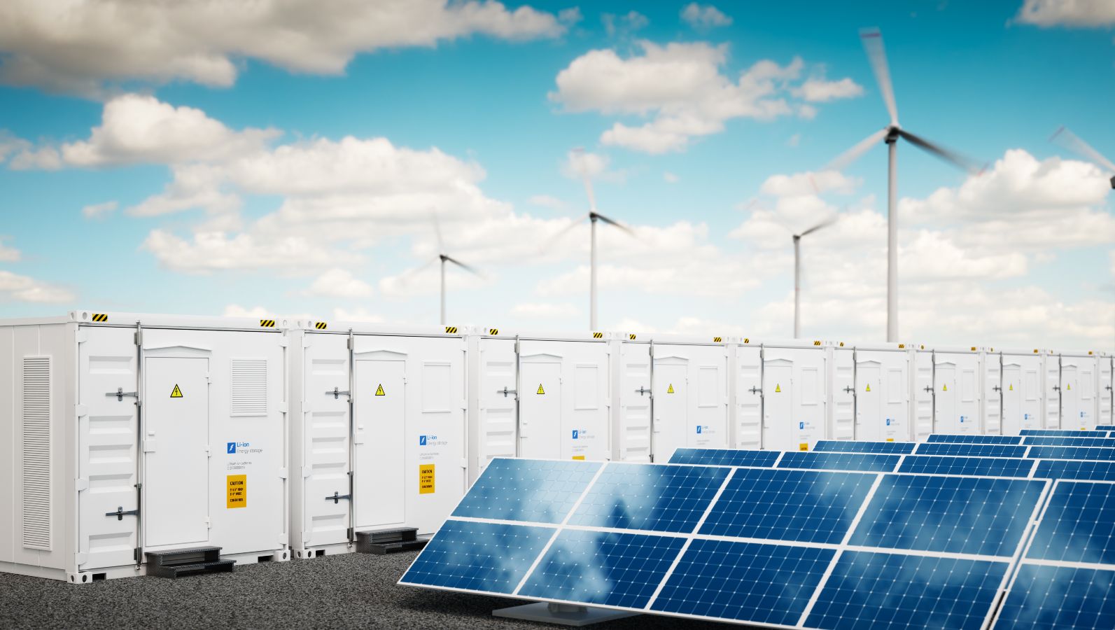 Das Bild zeigt nebeneinander Windräder, Solarpaneele und Power-to-X-Container. 