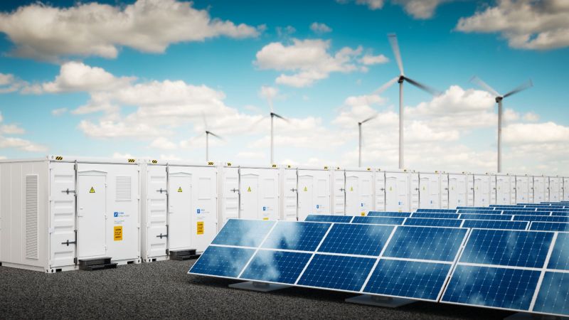 Das Bild zeigt nebeneinander Windräder, Solarpaneele und Power-to-X-Container. 
