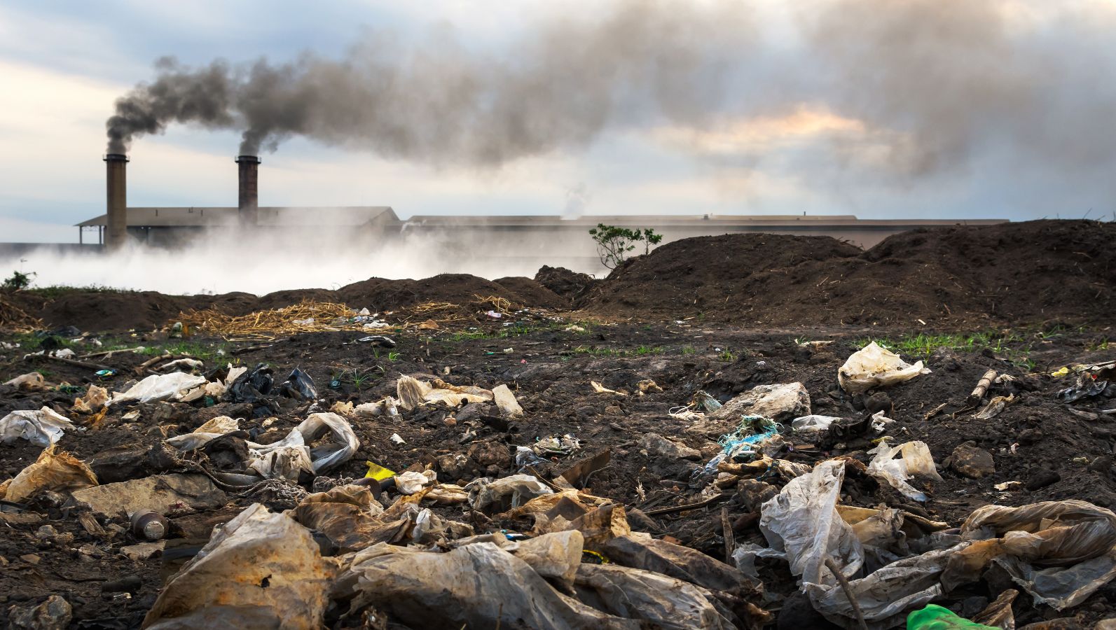 Das Bild zeigt eine verschmutzte und vermüllte Landschaft vor einer Fabrik, die schwarzen Rauch ausstößt. 