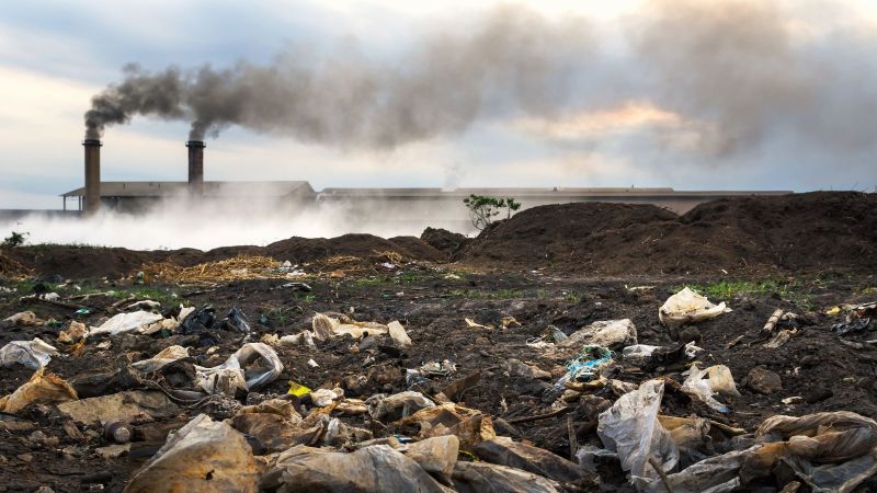 Das Bild zeigt eine verschmutzte und vermüllte Landschaft vor einer Fabrik, die schwarzen Rauch ausstößt. 