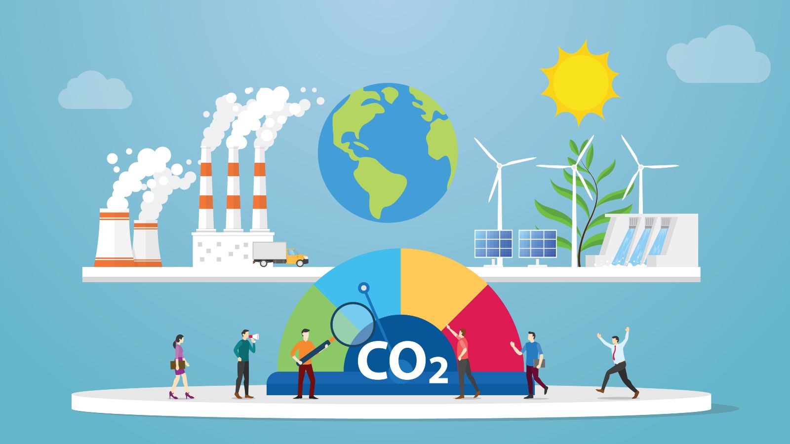 Das Bild ist eine Zeichnung. Sie zeigt einen CO2-Messer sowie symbolhaft Industriegebäude, Windräder und PV-Anlagen.