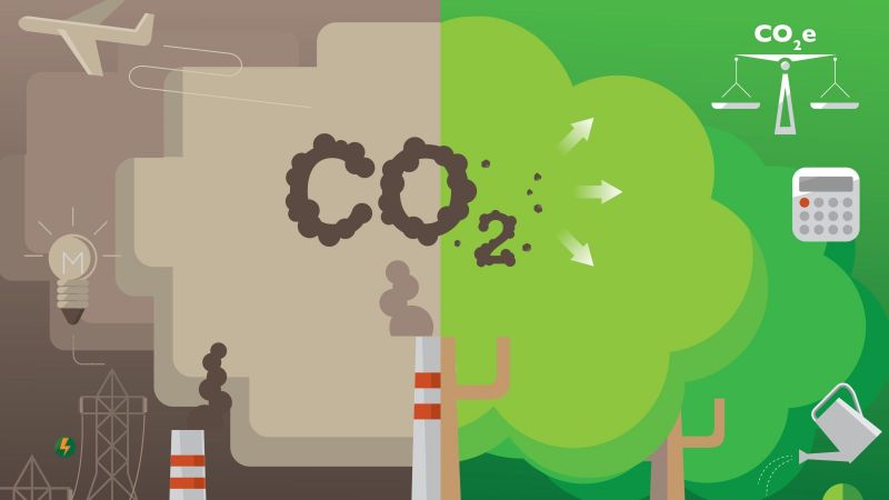 Das Bild ist eine Zeichnung. Sie zeigt links Symbole für fossile Energien in dunklem braun und rechts Symbole für Erneuerbare in Grün. Mittig im Bild steht das Wort CO2. 