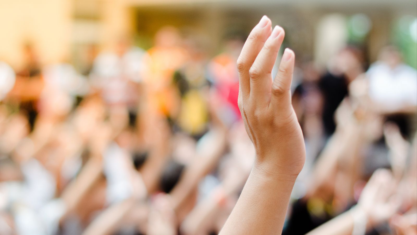 Das Bild zeigt eine Konferenz, bei der eine Person die Hand für eine Wortmeldung hebt.