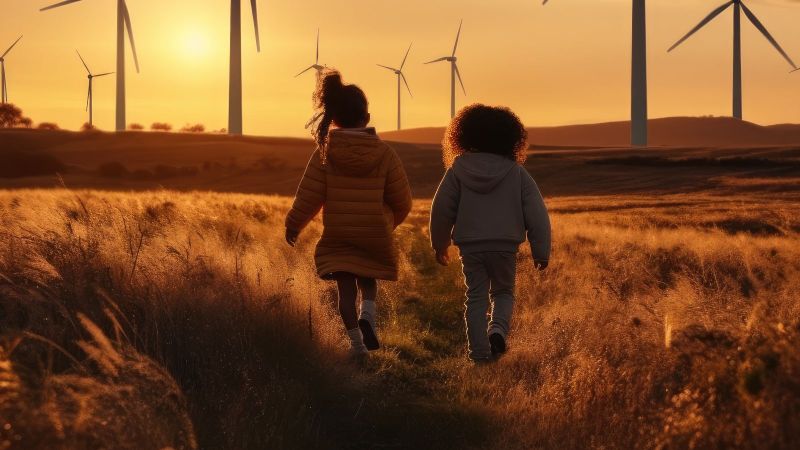 Das Bild zeigt zwei Kinder von hinten auf einem Feld. Im Hintergrund sind Windkraftanlagen zu sehen. 