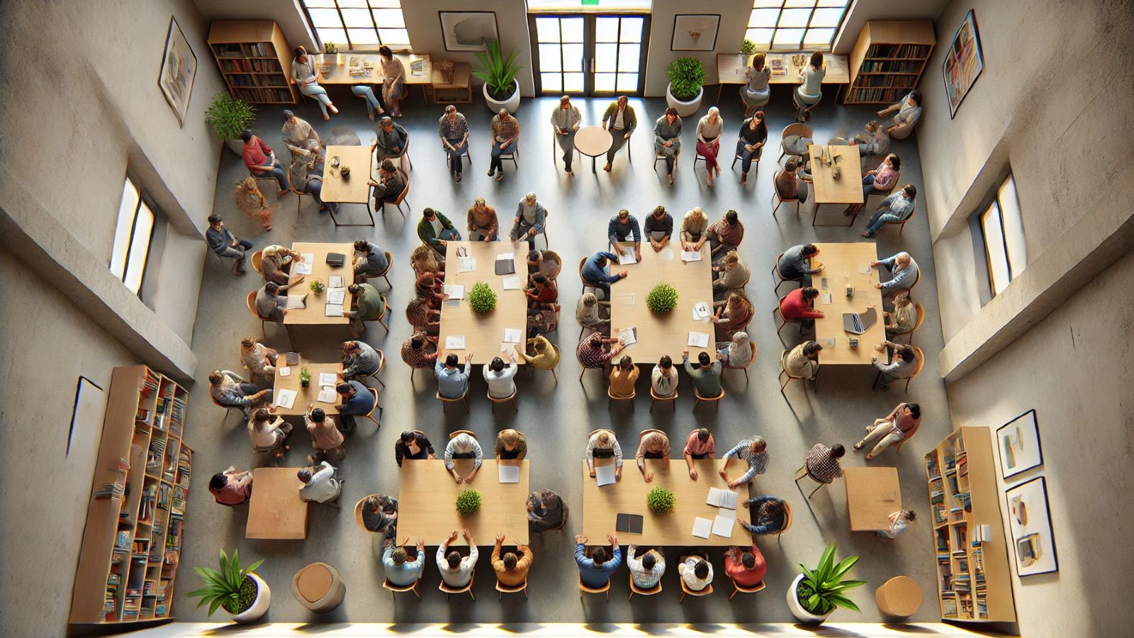 Das Bild zeigt aus großer Höhe Menschen, die in einer Workshop-Situation um verschiedene Tische in einem großen Raum sitzen.