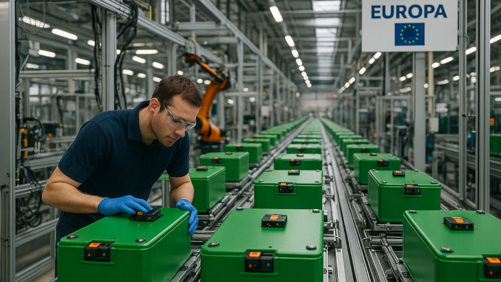 Das Bild zeigt Windräder und Solarpanels neben einem Container mit einem Energiespeicher.