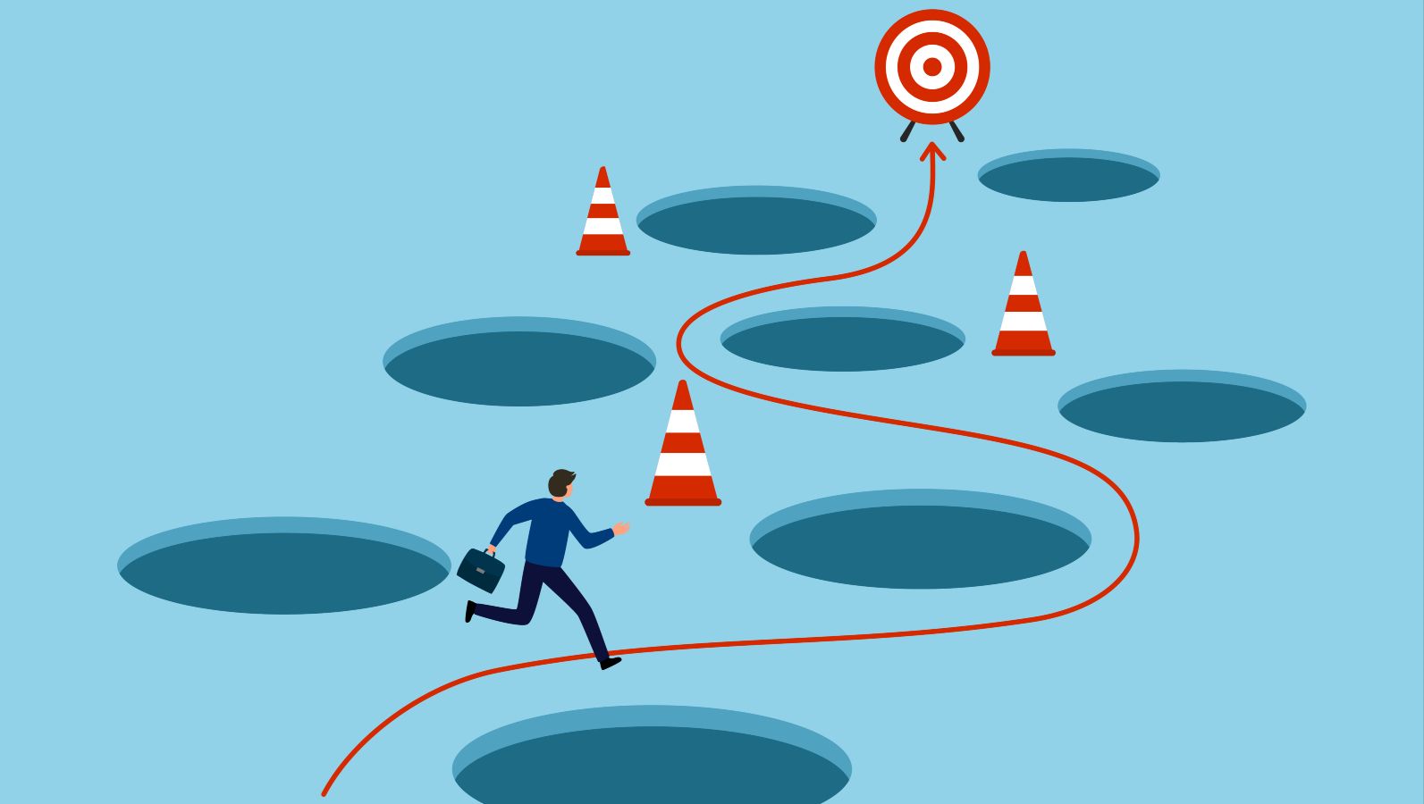 Die Grafik zeigt einen Menschen, Fallgrubel und Hindernissen auf dem Weg zu einem Ziel ausweicht, indem er einem roten Faden folgt.
