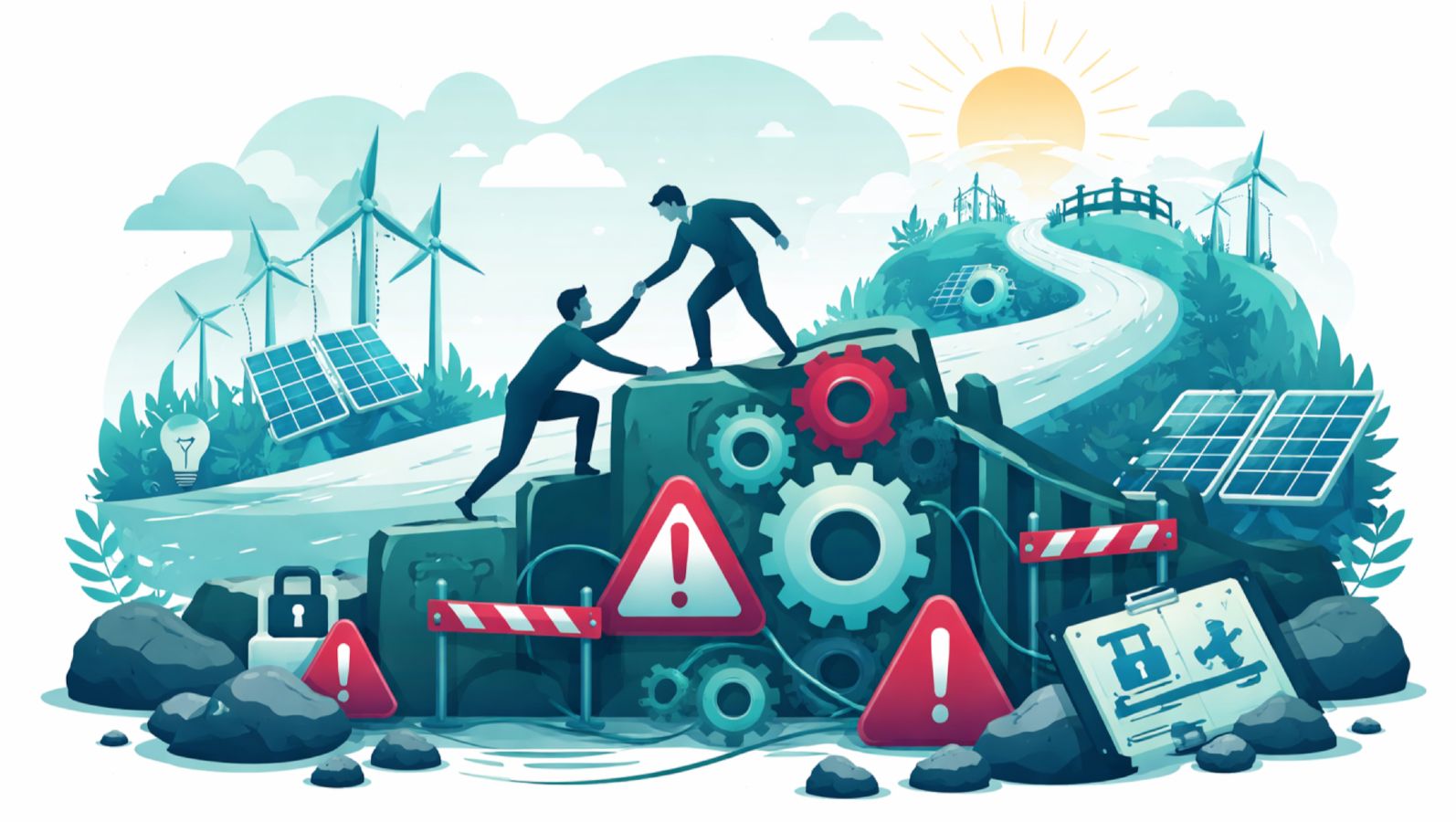 Die Grafik zeigt einen Menschen, der einem anderen die Hand reicht, um ihm dabei zu helfen, ein Hindernis zu überwinden in einer Umgebung, die von Windrädern und Solarzellen geprägt ist.