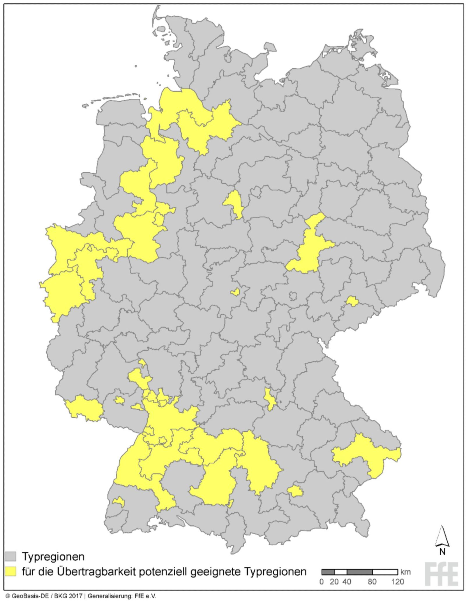 Das Bild zeigt eine Deutschlandkarte, auf der diejenigen Gebiete markiert sind, auf die sich die Ergebnisse aus Augsburg übertragen lassen. 