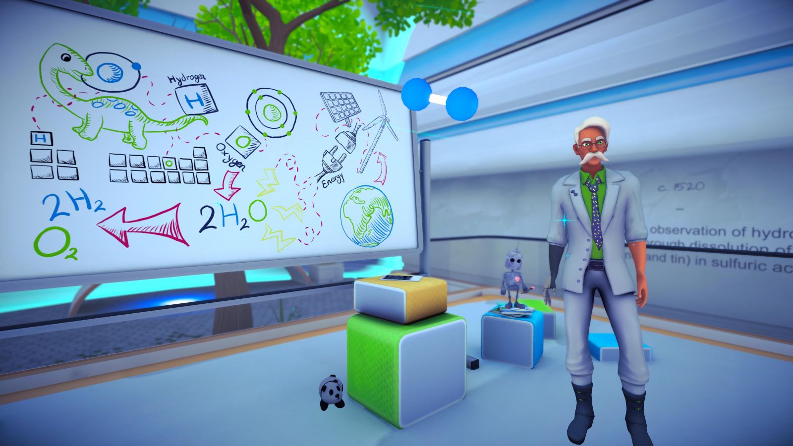 Das Bild zeigt, dargstellt in der virtuelen Realtität, einen Professor vor einer Tafel, auf der sich mehrere bunte Zeichnungen befinden.