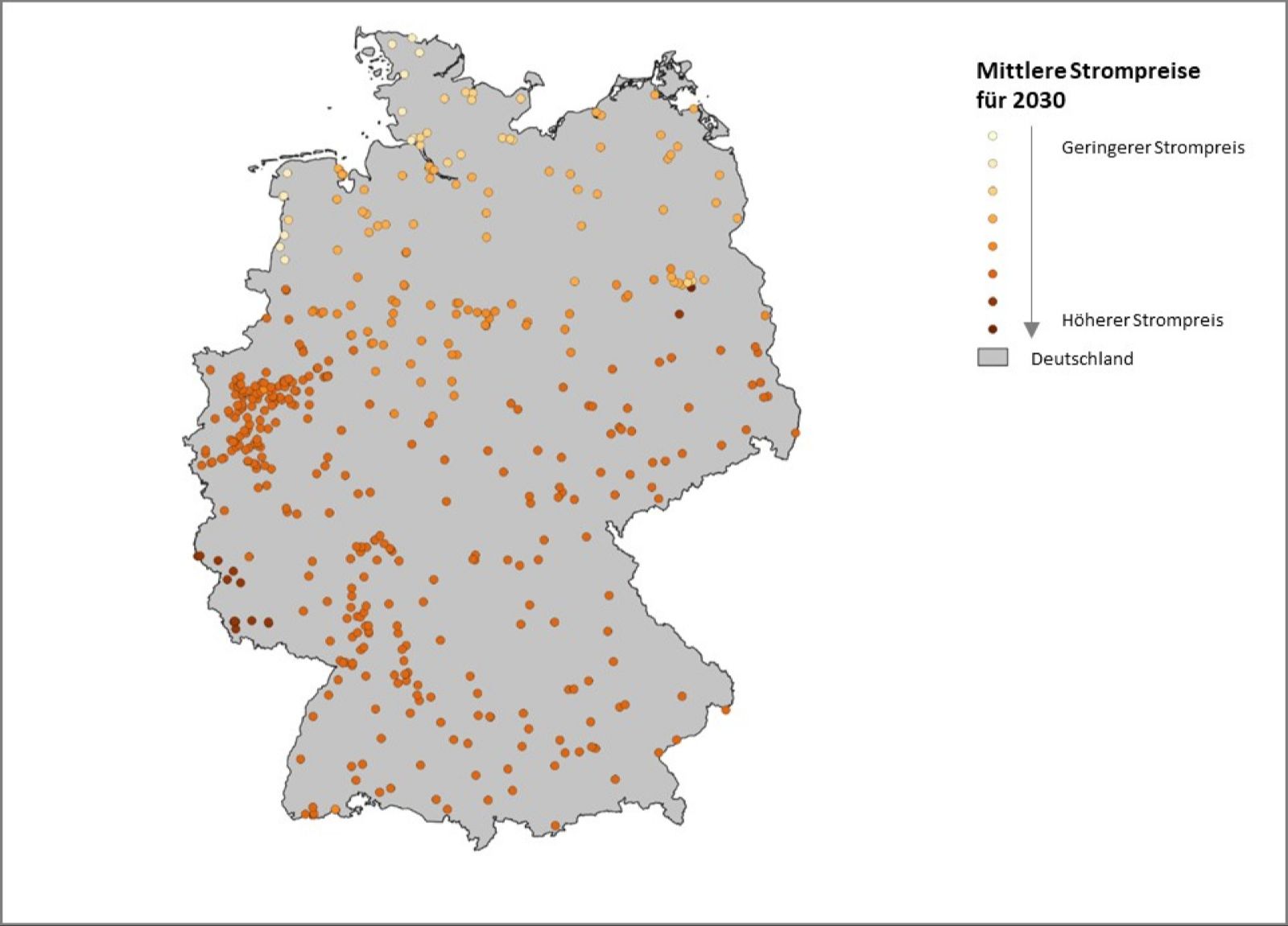 Das Bild zeigt eine Grafik mittlerer Strompreise je Netzknoten in Deutschland für ein Szenario 2030