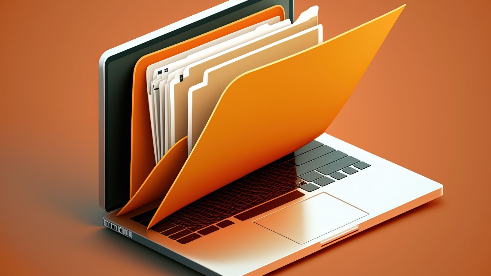 Grafik: ©Deivison – stock.adobe.com Das Bild zeigt einen Laptop, aus dessen Bildschirm Ordner herauswachsen.