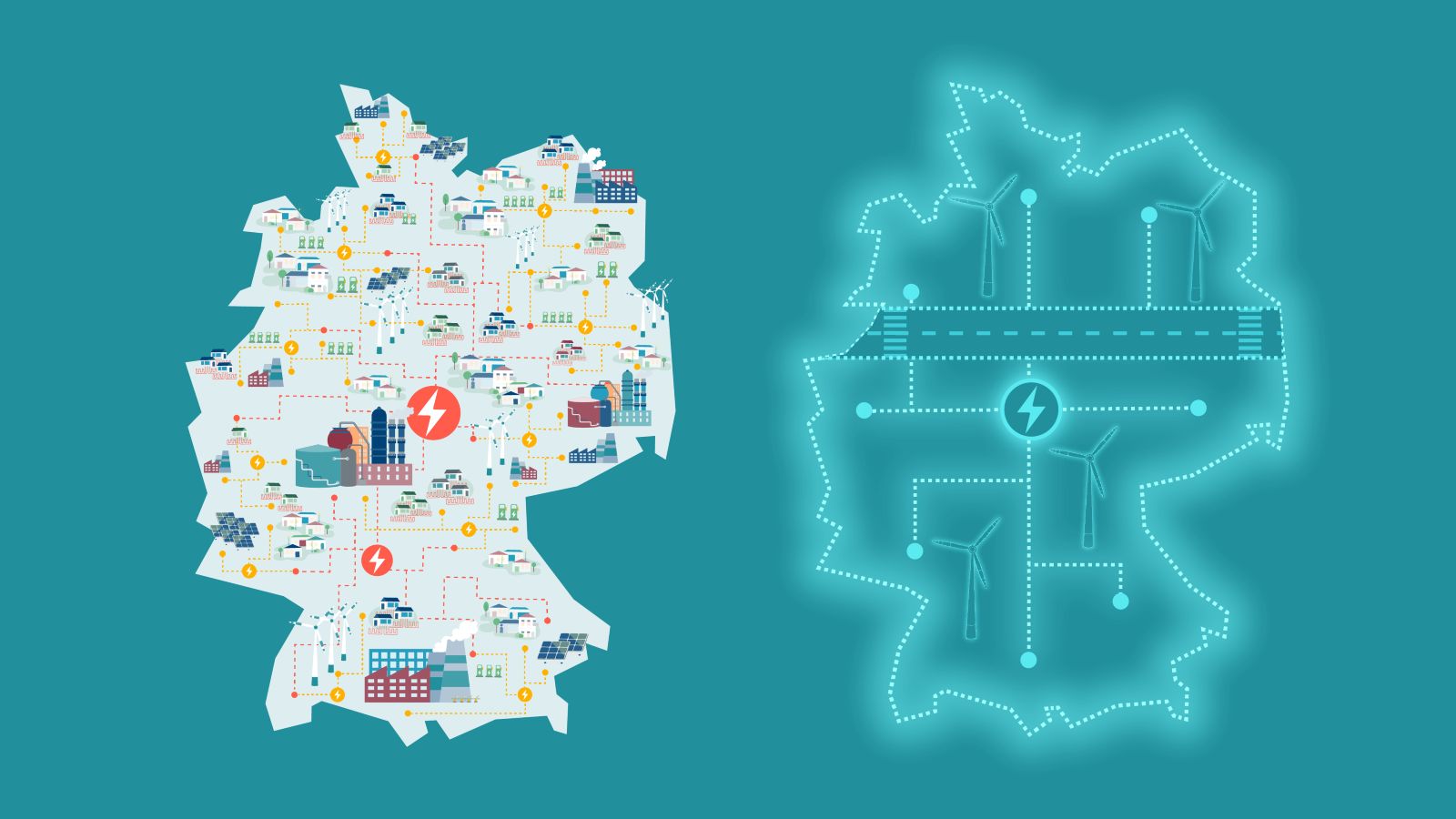 Zu sehen sind in einer Grafik auf ENSURE-Petrol zwei Deutschlandkarten, die rechte davon zeigt stilisiert das Stromnetz von morgen.