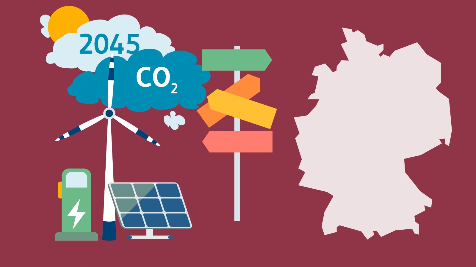Zu sehen ist eine Grafik vor dem Ariadne-Rot, die symbolisiert, dass Ariadne Wegweiser durch die Energiewende ist; Wegweiser sind auch zu sehen.
