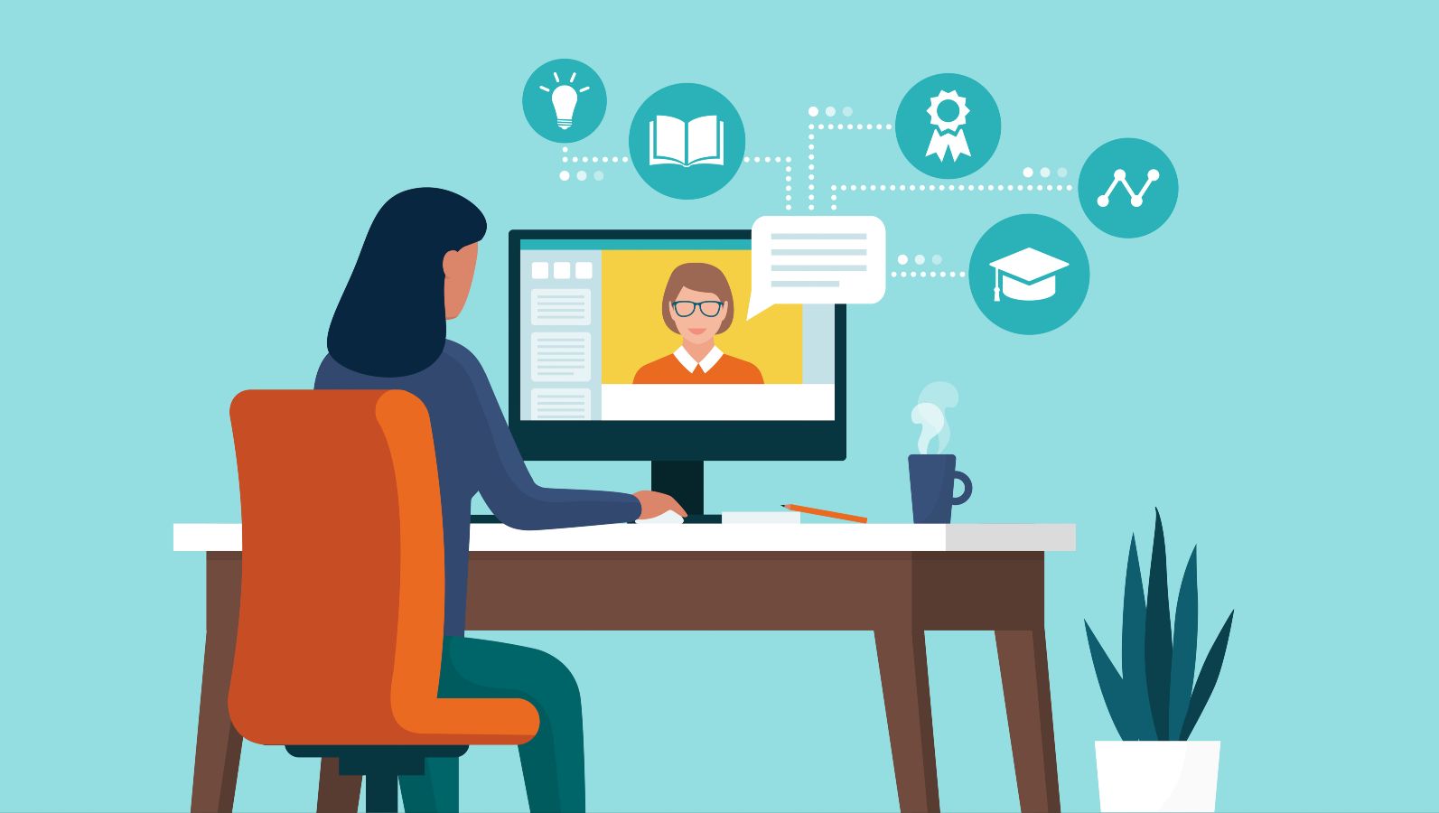The illustration shows a female figure sitting in front of a monitor learning things.