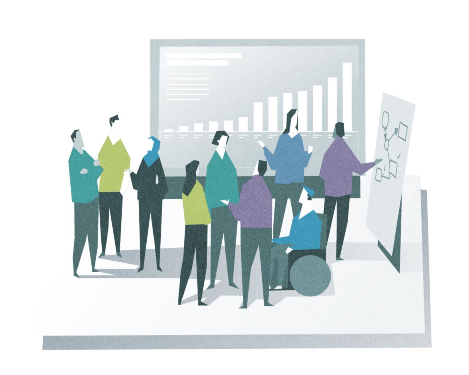 Das Bild zeigt Bürger, die miteinander diskutieren und dabei statistische Analysen auswerten. 
