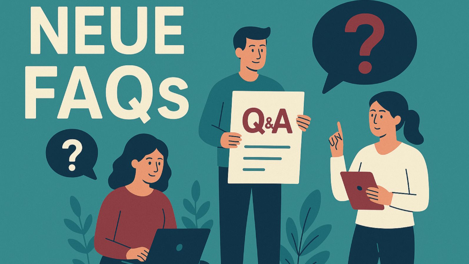 Die Illustration zeigt, wie eine Person einen Fragebogen in Händen hält und zwei weitere Personen im Internet nach Antworten suchen und diese finden.