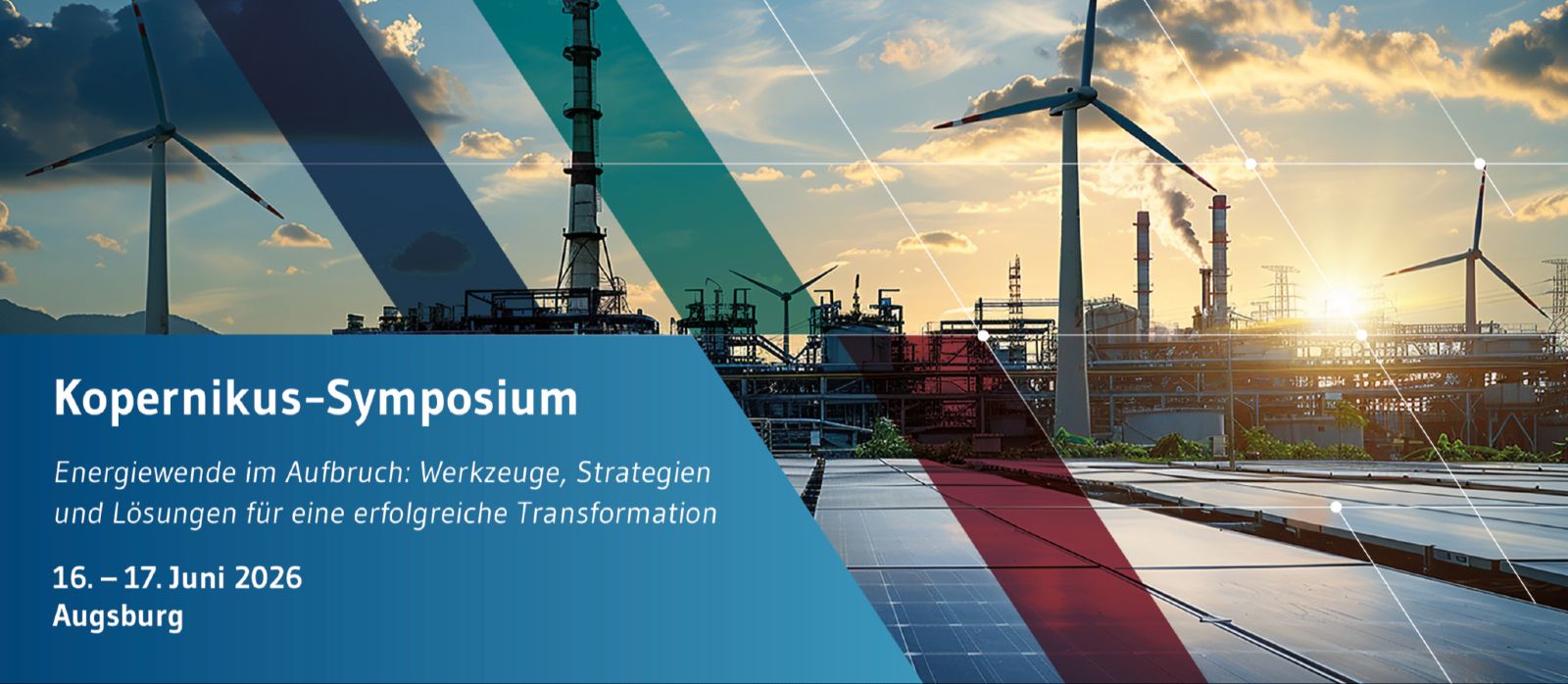 Die Grafik symbolisiert das Sympisoum vor Industrie-Hintergrund.