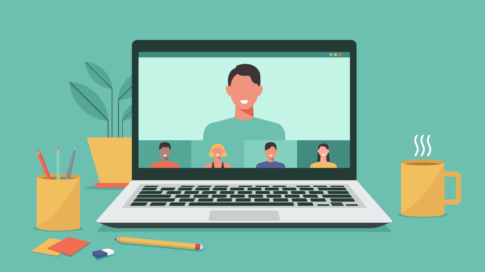 Piktogramm eines aufgeklappten Laptops. Eine Videokonferenz läuft. Neben dem Laptop stehen Schreibtischutensilien und eine Kaffeetasse.