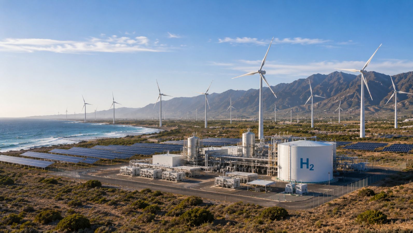 Das Bild zeigt eine Küstenlandschaft mit Windrädern, Solarparks und einer H2-Anlage.