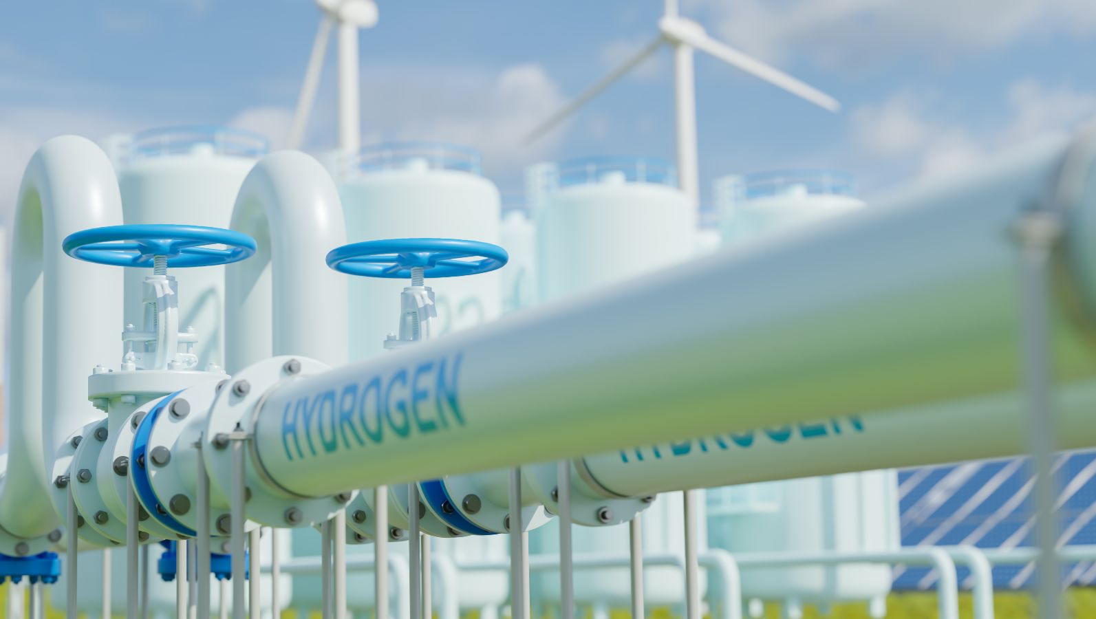 Zu sehen ist eine Grafik mit oberirdischen Wasserstoff-Leitungen. Im Hintergrund erkennt man Windenergieanlagen und Solaranlagen.